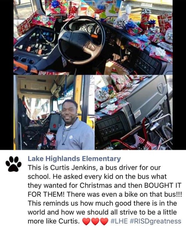 wholesome bus driver - Lake Highlands Elementary This is Curtis Jenkins, a bus driver for our school. He asked every kid on the bus what they wanted for Christmas and then Bought It For Them! There was even a bike on that bus!!! This reminds us how much g