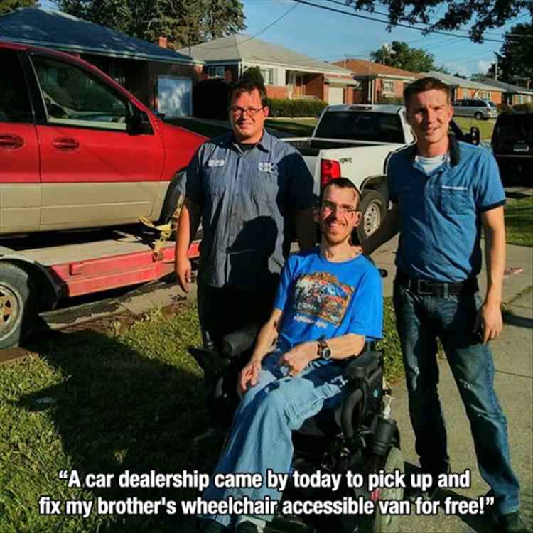 sedan - "A car dealership came by today to pick up and fix my brother's wheelchair accessible van for free!"