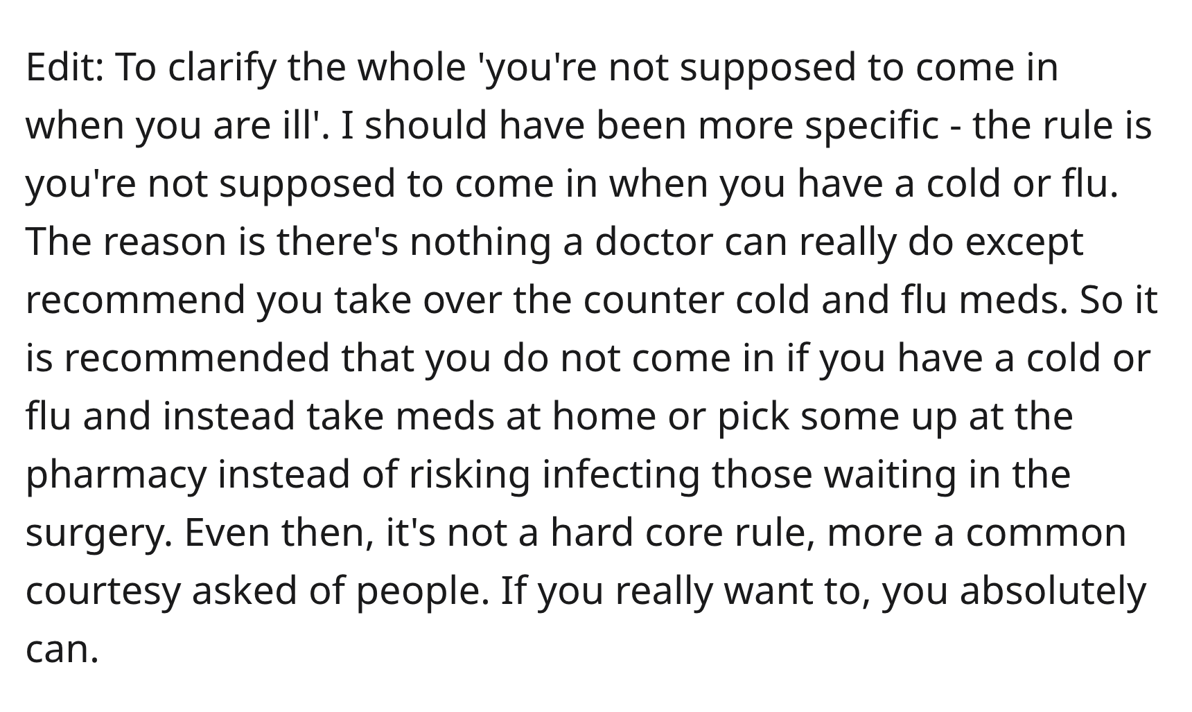 Boss Illegally Demands Doctor’s Note, So Doctor Recommends 2 Weeks Off - angle - Edit To clarify the whole 'you're not supposed to come in when you are ill'. I should have been more specific the rule is you're not supposed to come in when you have a cold