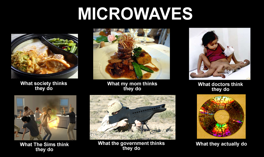 dish - Microwaves What society thinks they do What my mom thinks they do What doctors think they do What The Sims think they do What the government thinks they do What they actually do