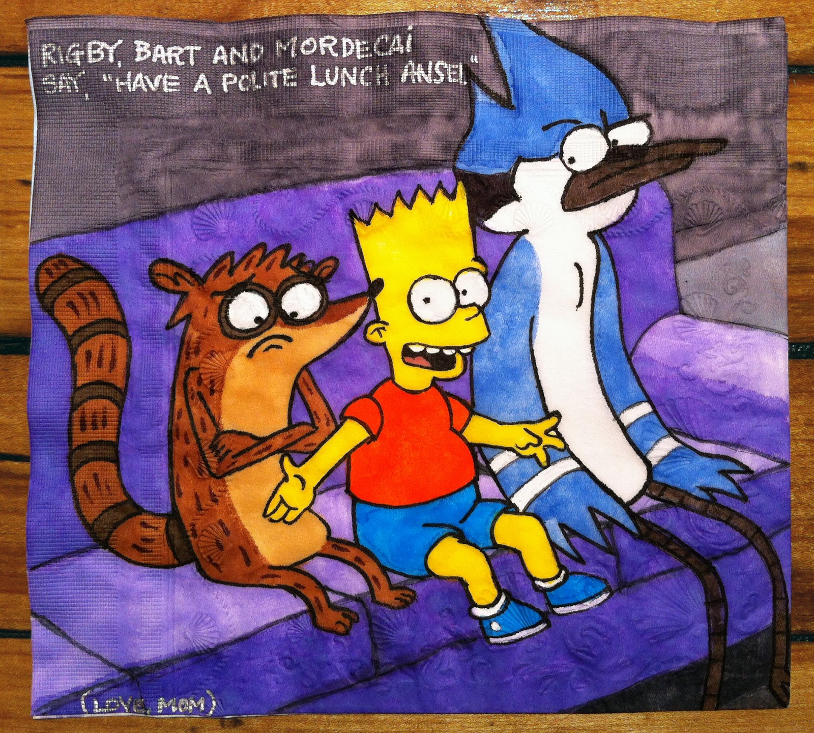 cartoon - Rigby, Bart And Mordecal Say "Have A Polite Lunch Ansel Love Mom