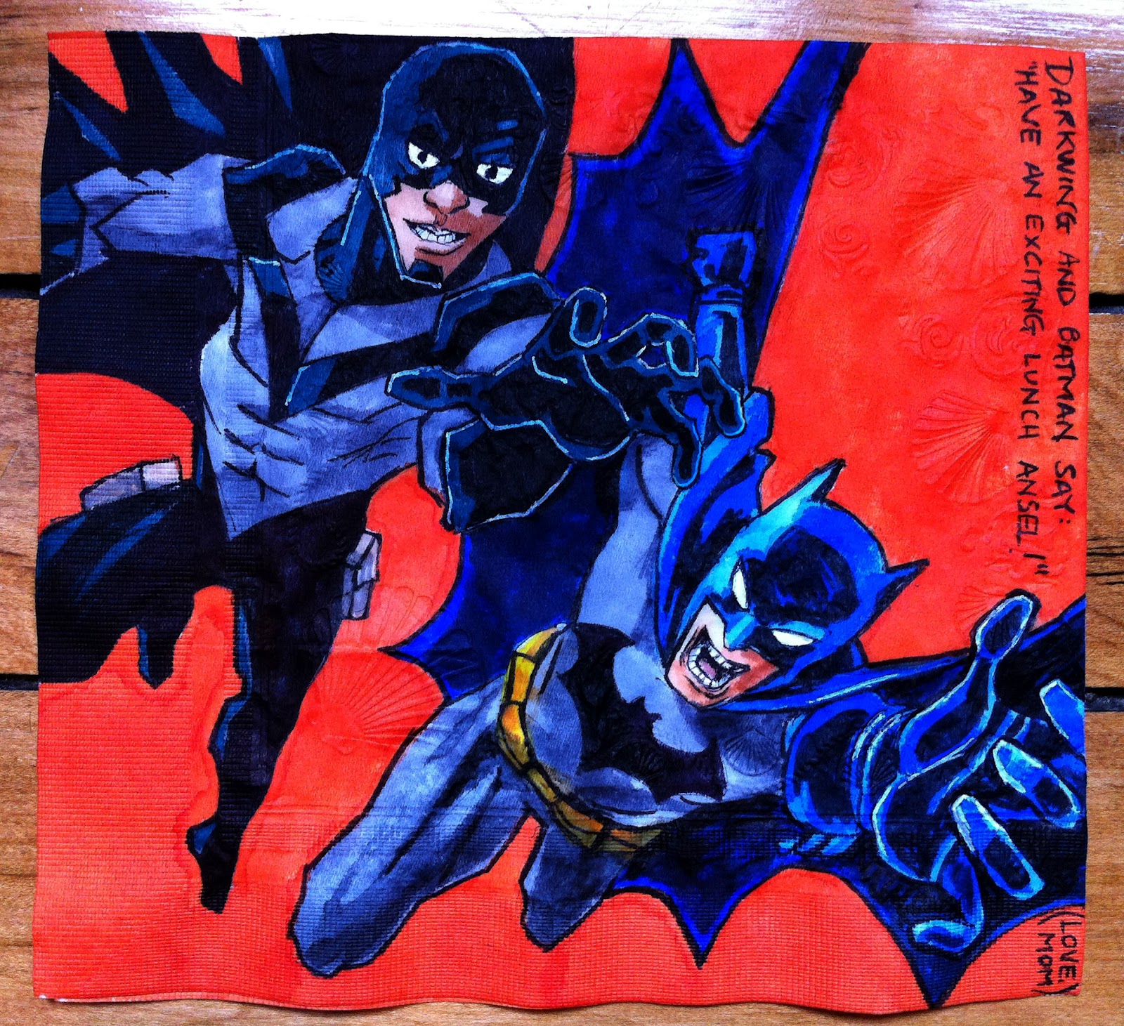 superhero - Darkwing And Batman Say "Have An Exciting Lunch Ansel Lovey Mom