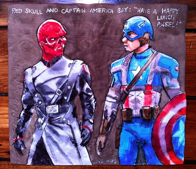 action figure - Red Skull And Captain America Say "Ha'S A Happy Lunch Anself Love, Mom