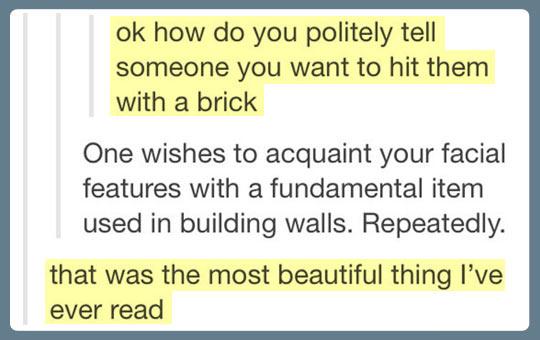 tumblr - politely tell someone you want - ok how do you politely tell someone you want to hit them with a brick One wishes to acquaint your facial features with a fundamental item used in building walls. Repeatedly. that was the most beautiful thing I've 