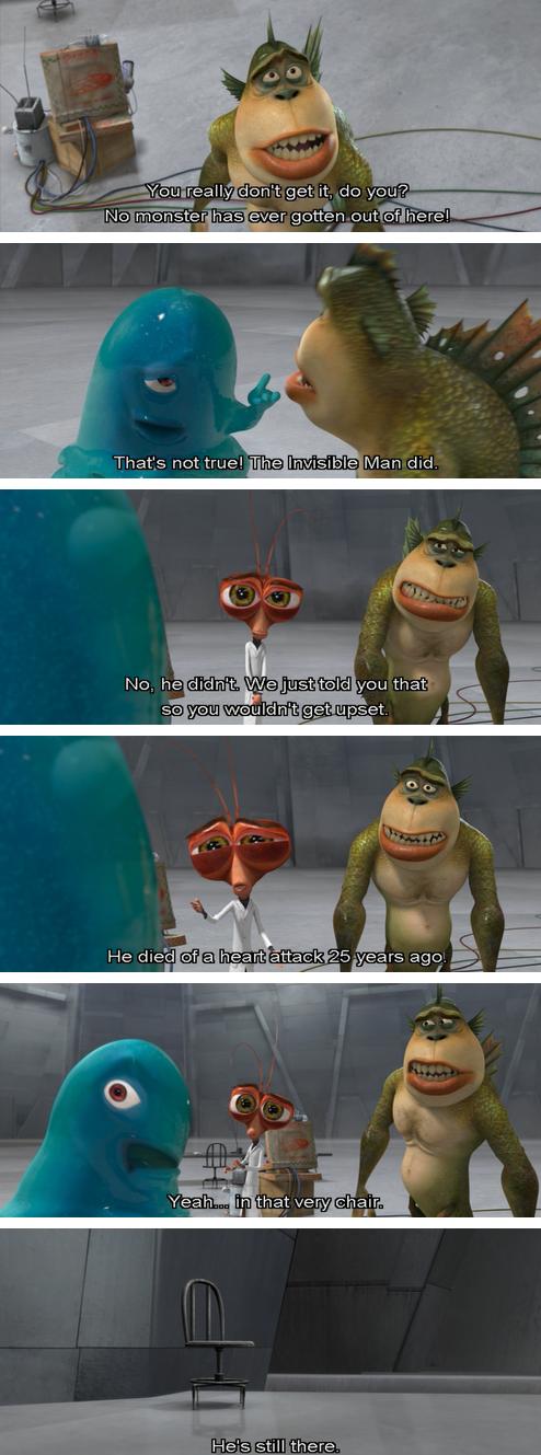 monsters vs aliens funny - You really don't get it, do you? No monster has ever gotten out of here! That's not true! The Invisible Man did. No, he didn't We just told you that so you wouldn't get upset. He died of a heart attack 25 years ago Yeah... in th