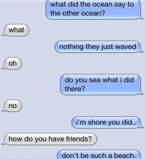 text message memes - what did the ocean say to the other ocean? what nothing they just waved oh do you sea what i did there? no i'm shore you did.. how do you have friends? don't be such a beach.