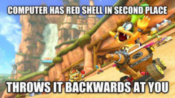 video game logic - Computer Has Red Shell In Second Place Throws It Backwards At You