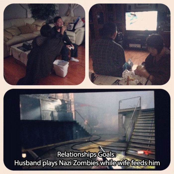 media - Relationships Goals Husband plays Nazi Zombies while wife feeds him