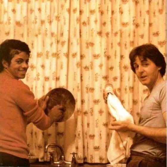 There is this photo of MJ and Paul McCartney doing the dishes together in 1983. There is no song about it unfortunately.