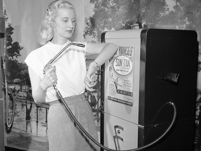Tanning vending machines, which provided people with a 30 second spray for ten cents, 1930