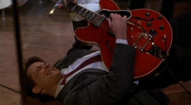 In 1955 Marty gets a guitar from a musician, the guitar was made in 1959; Back to the Future.