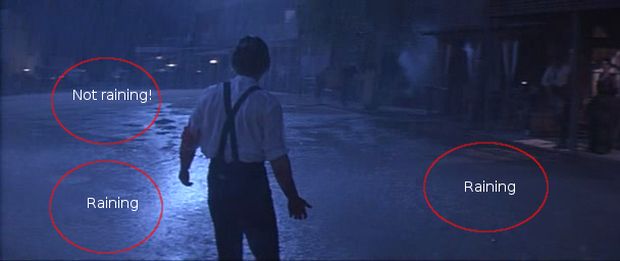 It's raining on the actor, but not 10 feet in front of him; Tombstone.