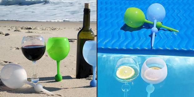 Floating wine glasses that also stand in sand.