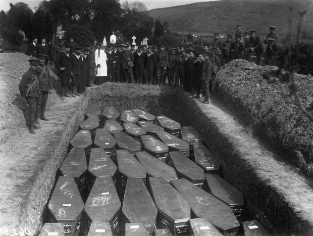 Coffins of some of the victims from RMS Lusitania, 05 23 1915.