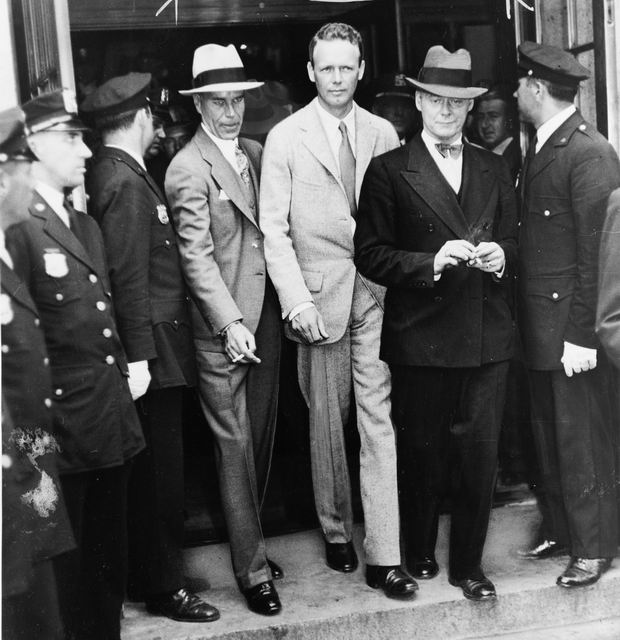 Charles A. Lindbergh comes out of courtroom after testifying in his son's abduction 

case.