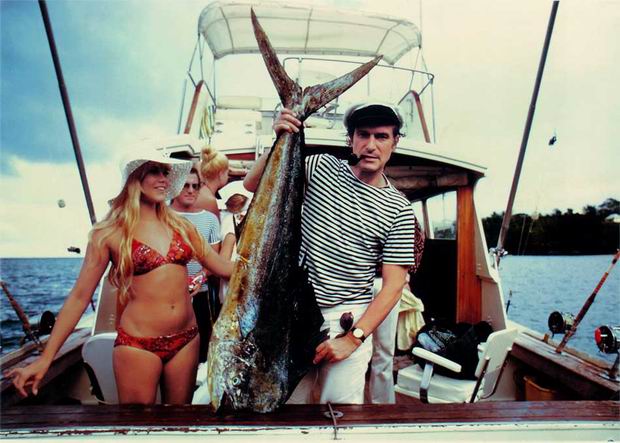 Hugh Hefner on a  fishing trip, Miami 1970.