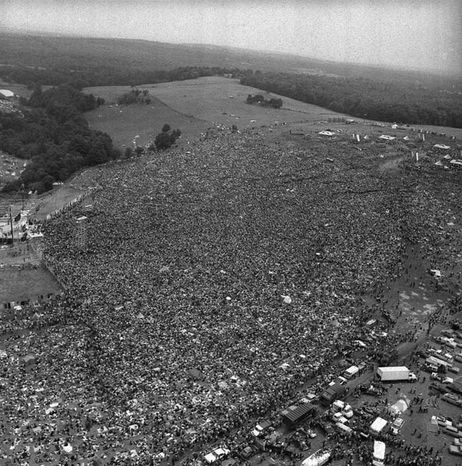 Crowds at the original Woodstock Music Festival.