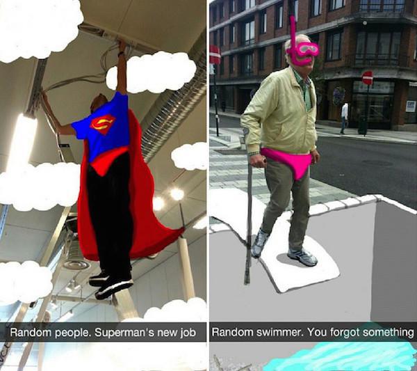 snapchat drawings on people - Random people. Superman's new job Random swimmer. You forgot something