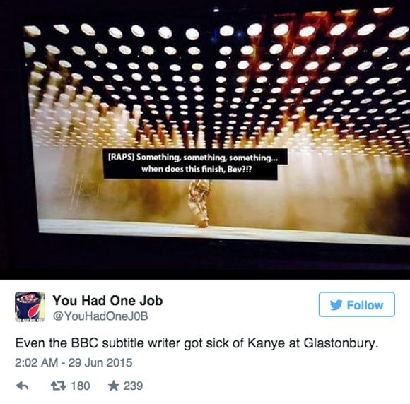 BBC Subtitle Writer Gives Up During Kanye's Glastonbury Set