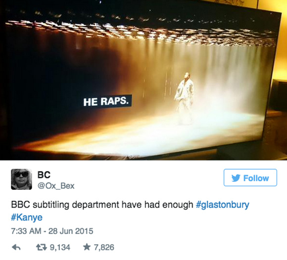 BBC Subtitle Writer Gives Up During Kanye's Glastonbury Set