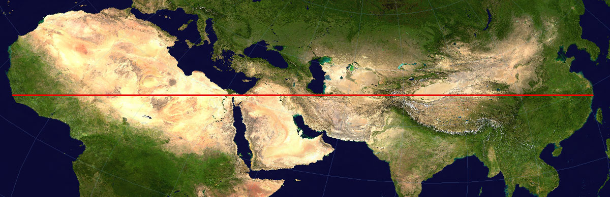 Longest distance you can travel without crossing major bodies of water.