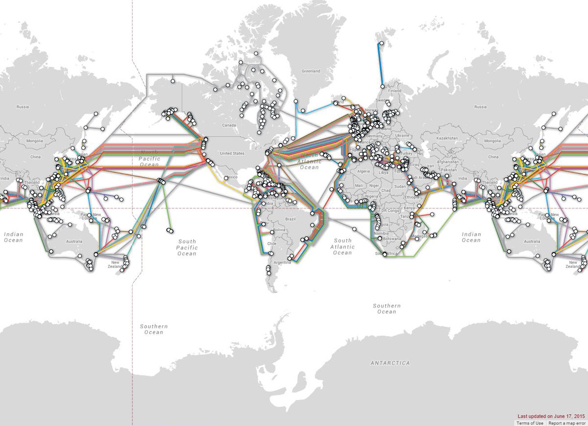 Fiber optic cables around the world.