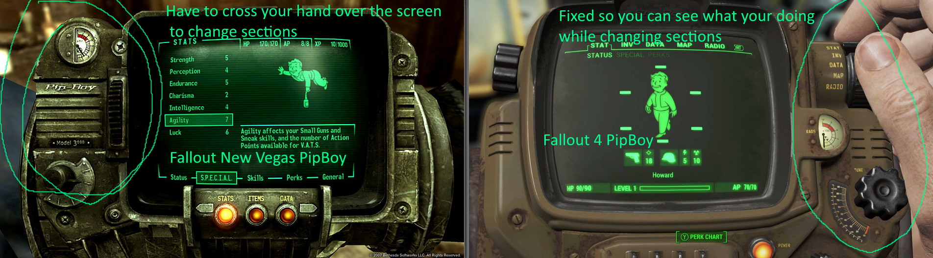 fall out pip boy - Have to cross your hand over the screen to change section Fixed so you can see what your doing while changing sections Fallout 4 PipBoy Fallout New Vegas PipBoy Well Radar