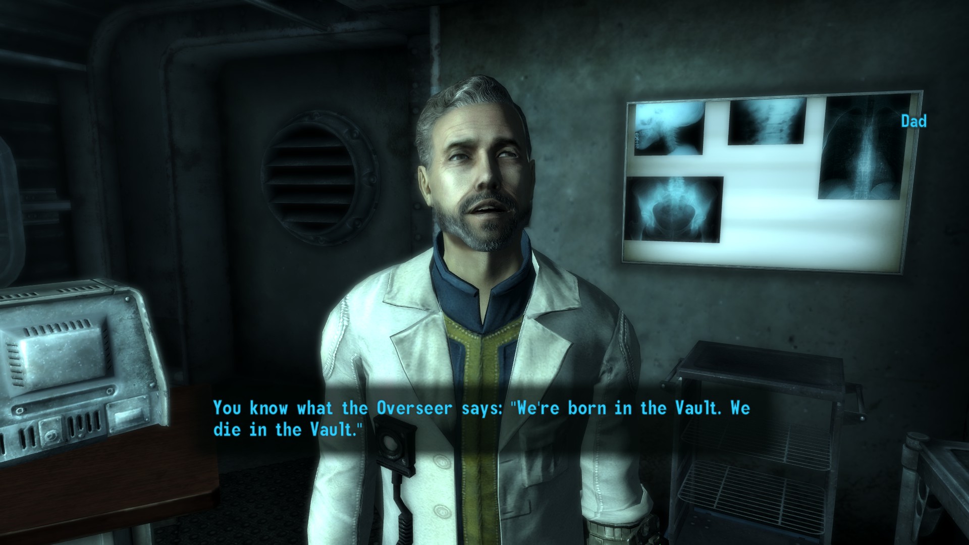 Dad from Fallout 3, he escapes the vault to create clean water supply, but his 

escape results in creatures swarming Vault 101. Also, he leaves the player, knowing 

the Overseer will be angry.