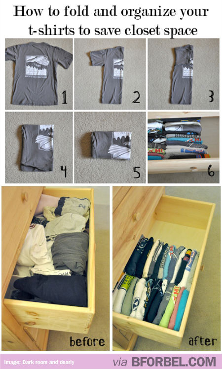 folding clothes hack - How to fold and organize your tshirts to save closet space before after via Bforbel.Com Image Dark room and dearly