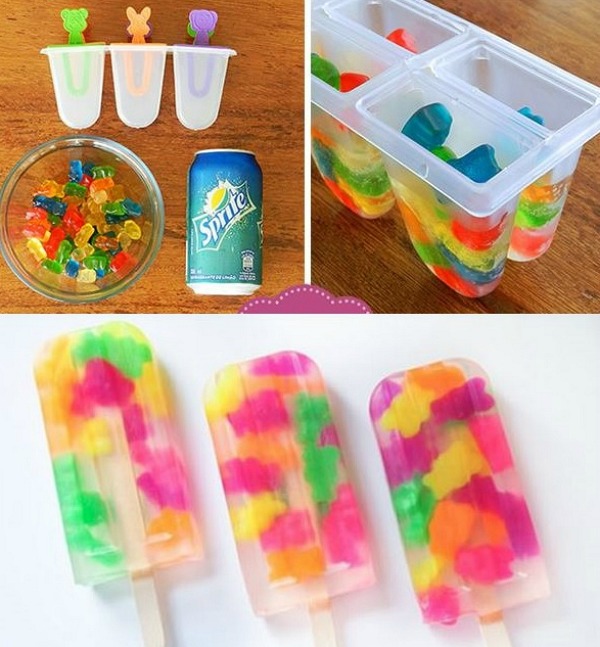 Gummy Bear:
Ingredients- Gummy Bears, Sprite. Fill mold 3/4 the way full wit Sprite and drop in gummy bears. Put into fridge.