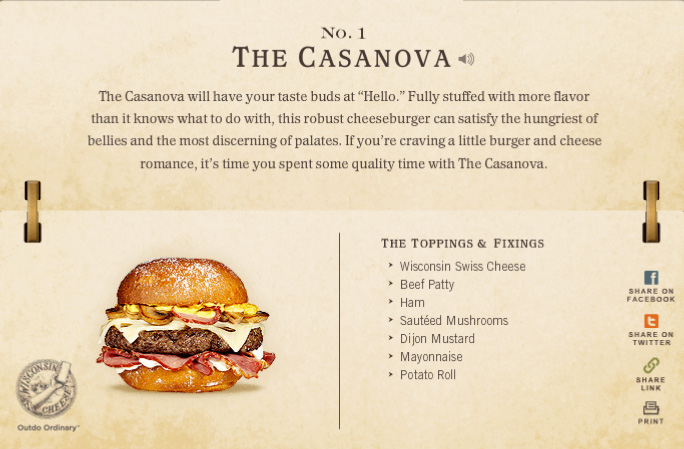 cheese and burger society - No. 1 The Casanova, The Casanova will have your taste buds at "Hello." Fully stuffed with more flavor than it knows what to do with, this robust cheeseburger can satisfy the hungriest of bellies and the most discerning of palat