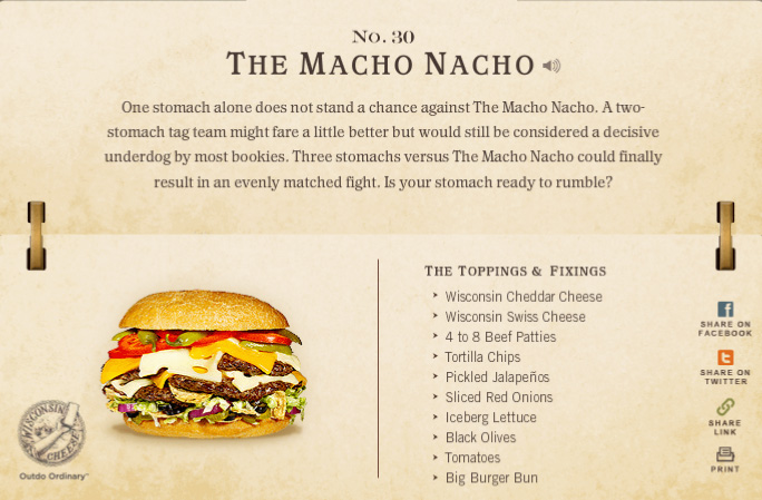 burger ideas - No. 30 The Macho Nacho One stomach alone does not stand a chance against The Macho Nacho. A two stomach tag team might fare a little better but would still be considered a decisive underdog by most bookies. Three stomachs versus The Macho N