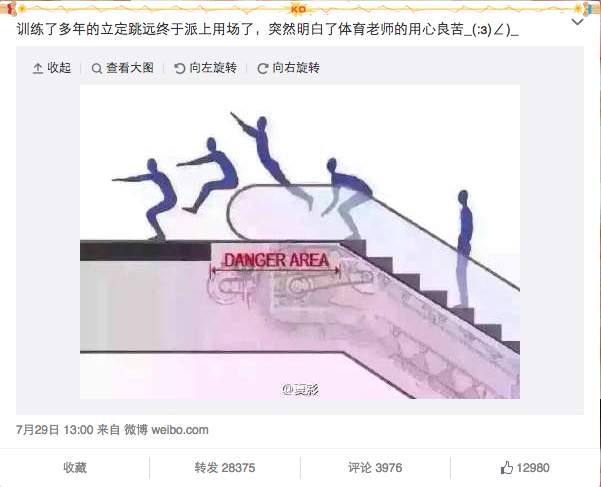 Popular portal Weibo shows how to "be safe" at an escalator.