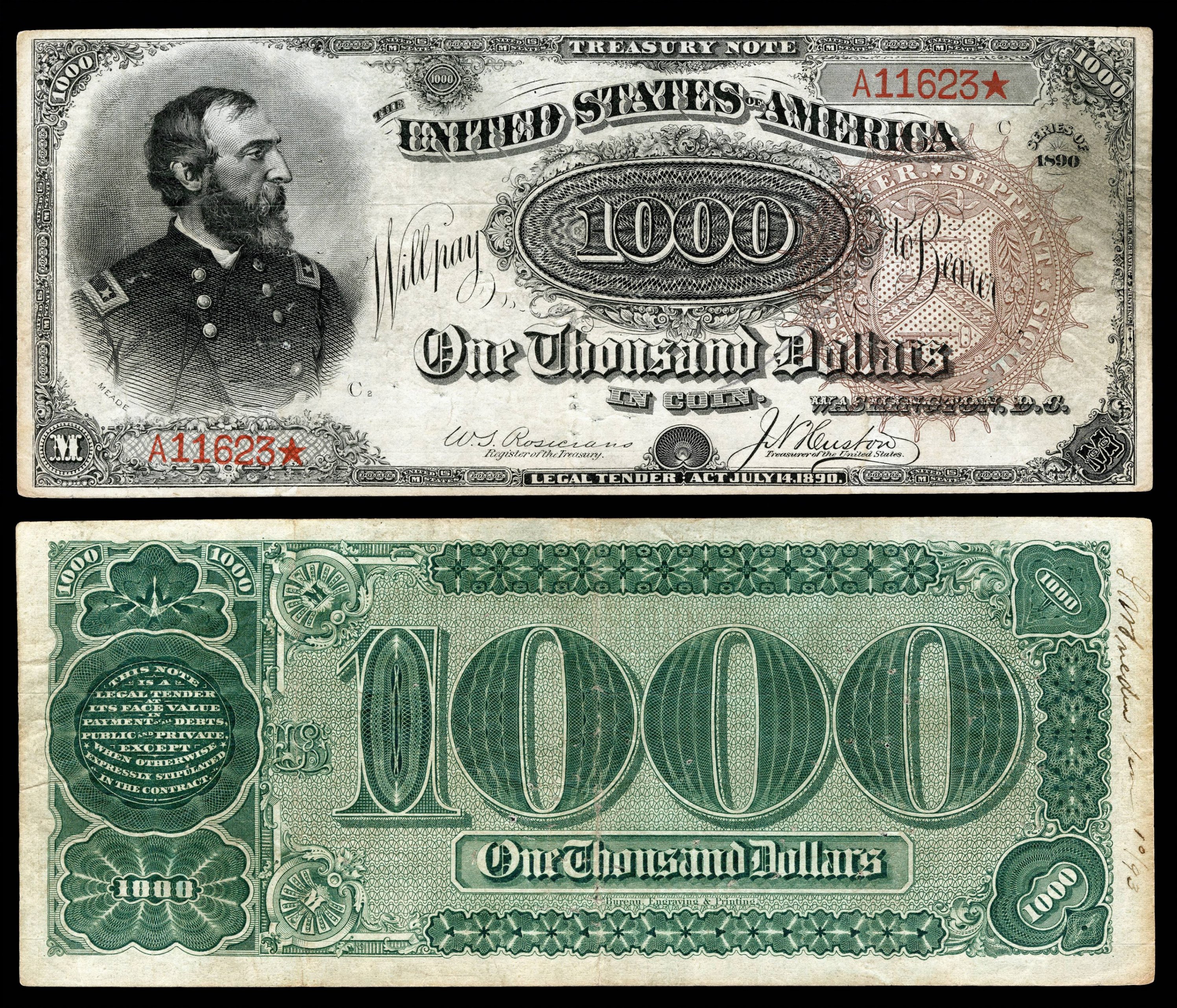 Most Expensive Piece of Paper Currency: 1890 United States Small Seal $1000 Treasury Note.
Price: $3,290,000.