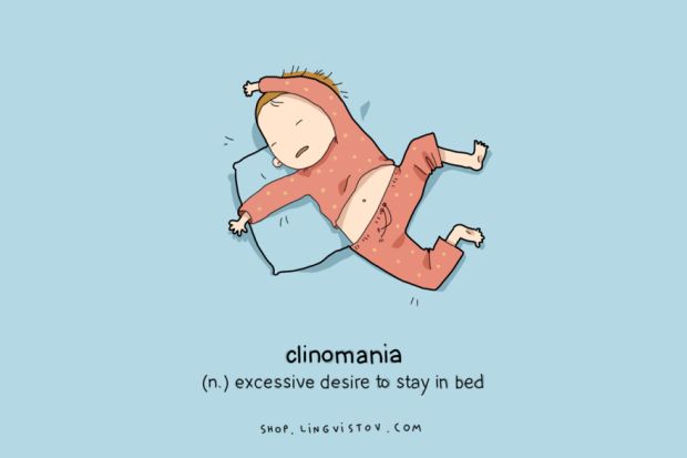 sleeping illustration - clinomania n. excessive desire to stay in bed Shop, Lingvistov.Com