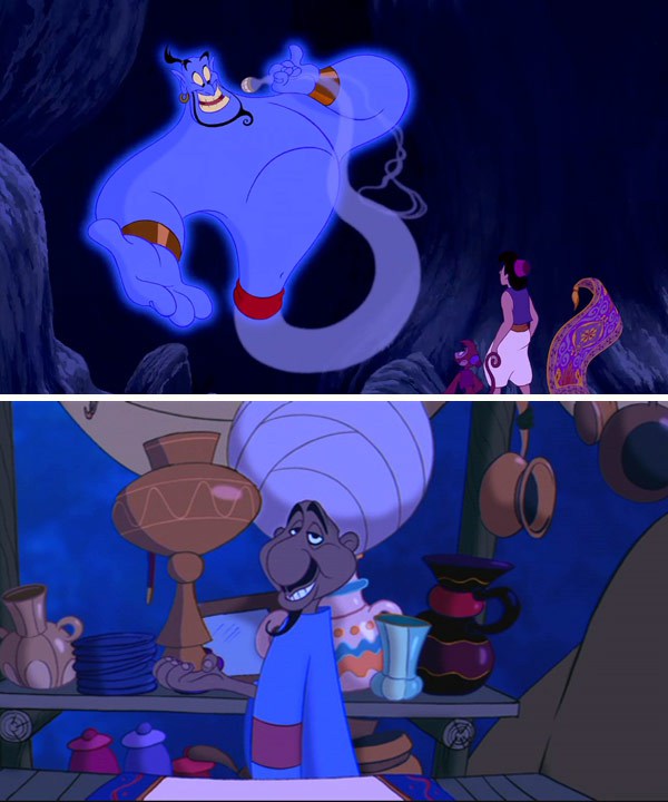 Aladdin's Genie and the salesman are the same person. Remember the frame narrative at the beginning of Aladdin? Well, some enterprising viewers on Reddit have noticed some alarming similarities between the salesman, trying to pawn off what looks like the Genie’s lamp. Firstly, they’re both voiced by Robin Williams. Secondly, they both wear blue with a red sash at the waist. They have the same facial hair — bushy eyebrows and a beard that ends in a little curl. But the clincher is this: they’re the only two characters in the film that have only four fingers. That would explain why the movie has elements that don't sit well with the past - we don't see the actual story, but the tale about what happened told by The Genie. The impressions of Jack Nicholson was simply added to the story by Genie to interest the tourists more, case solved.
