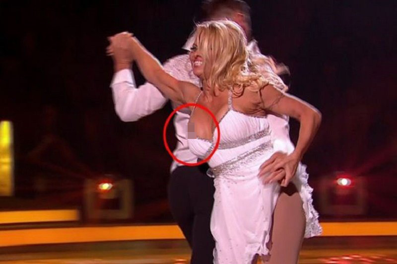 Pamela Anderson fell during her appearance on "Dancing on Ice", and broke her... dress.