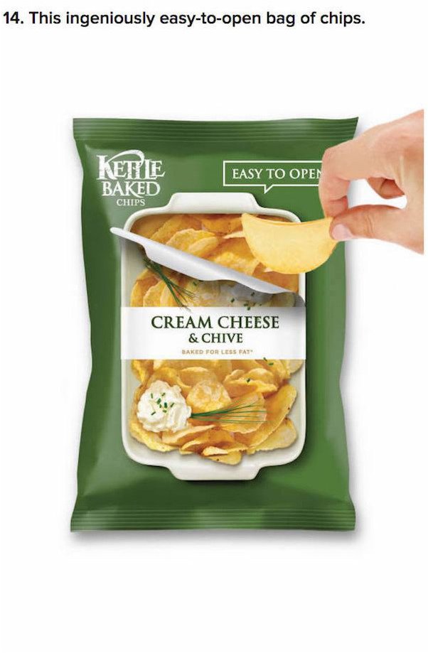 packaging design potato chips - 14. This ingeniously easytoopen bag of chips. Kete Baked Easy To Open Chips Cream Cheese & Chive Baked For Less Fat