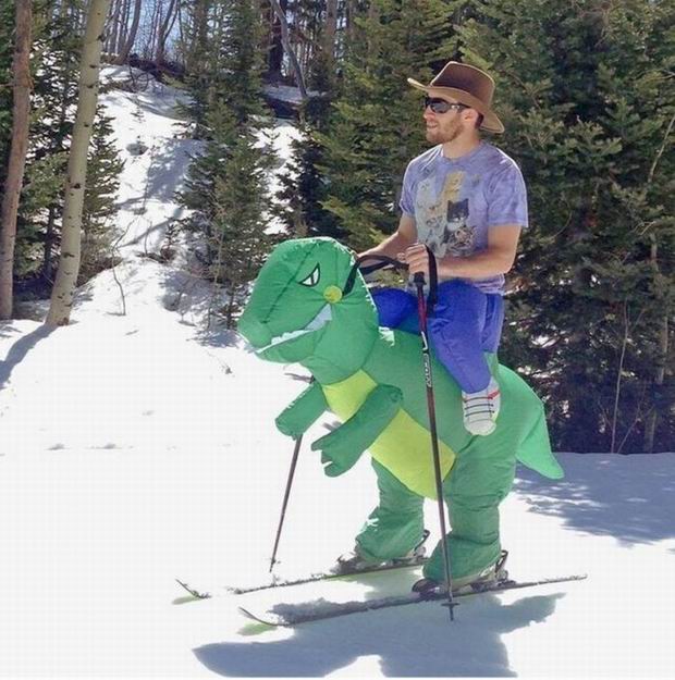 guys skiing dinosaur costume
