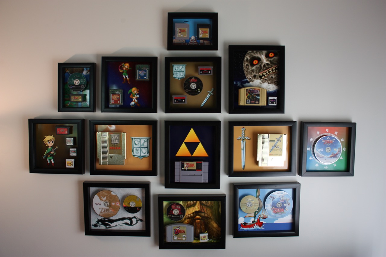 Every (real) Zelda game, mounted on the wall with custom 3d printed cartridge mounts.