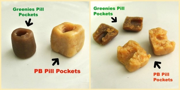 Home made peanut butter pill pockets.