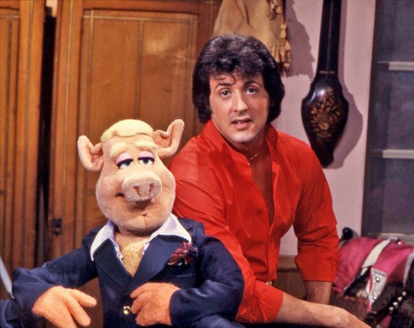 Sylvester Stallone talking to Nick Nolte, an hour before LSD wore off and he realized he stumbled on the set of The Muppet Show, 1979.