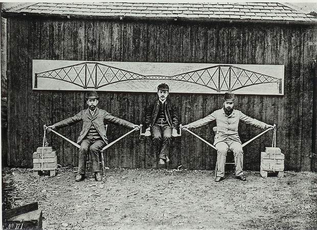 Three men pretending to be a bridge, 1882.