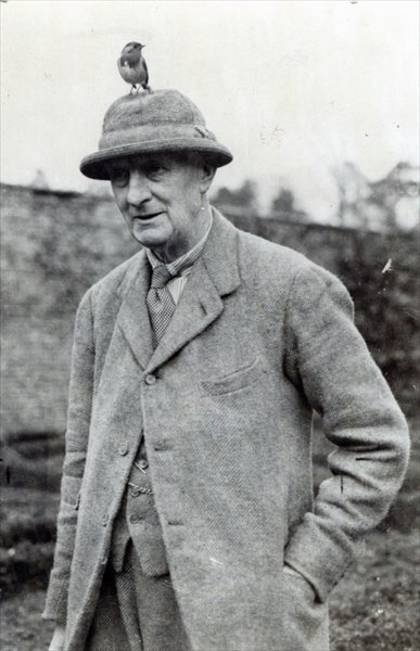 British politician Edward Grey on a walk, about 1920. On the picture you can see the moment when he asked "Do you also hear a bird, or is it just me?"