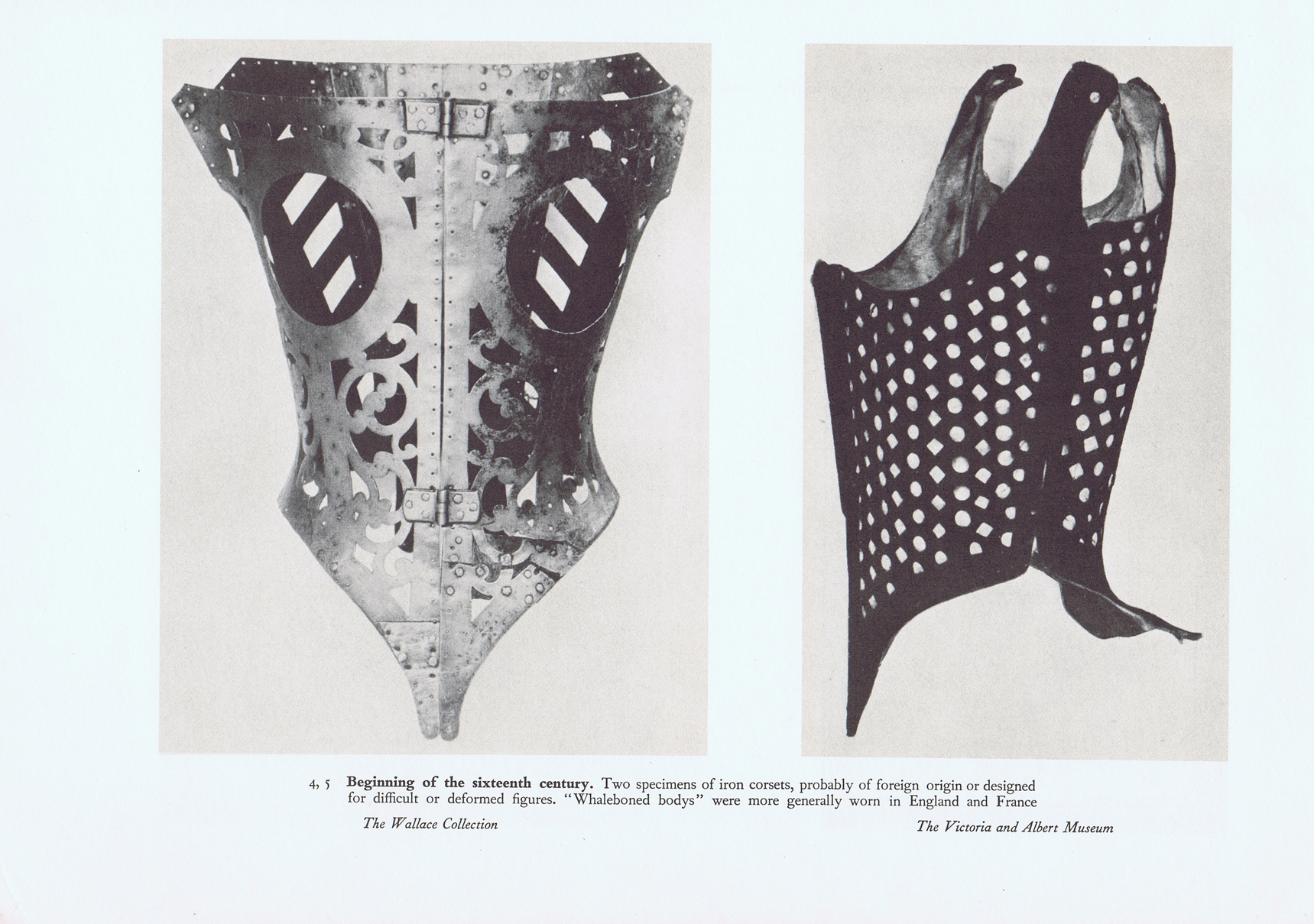 These contraptions were made of layers upon layers of fabric and hardened glue and/or steel cages well into the 16th century. The steel ones are thought to be more for orthopedic reasons than fashion but still neat none the less. This style was used to turn the upper torso into an inverted cone shape and used a farthingale (hoop skirt) to exaggerate the hips.