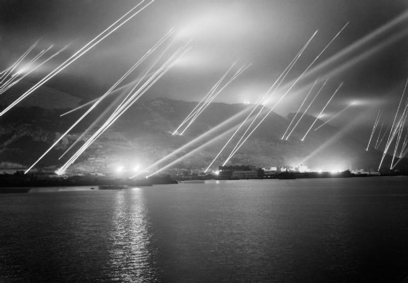 Searchlights over the Rock of Gibraltar, 1942.
