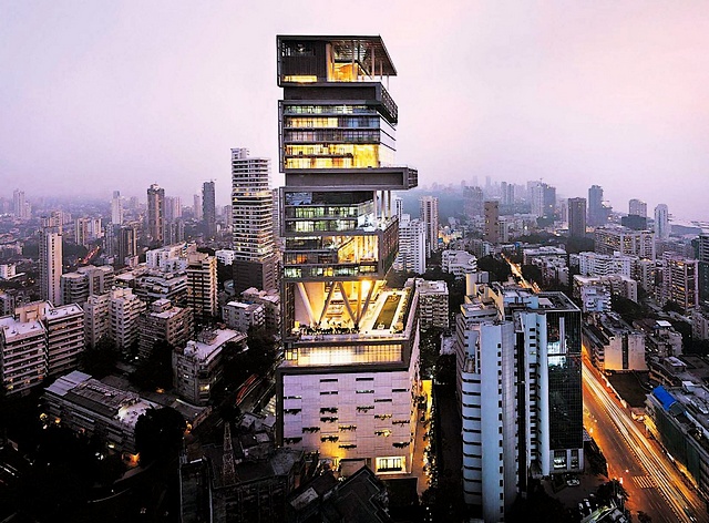 Antilia, Mumbai. Businessman Mukesh Ambani made this large building for himself for a billion dollars. Some say it's a crime to spend so much money while people starve, while others call the building ugly and chaotic with no coherent plan to it.
