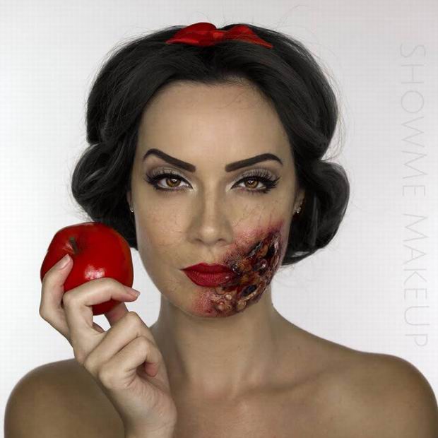 Snow White’s cheek was burned by the witch’s poison.