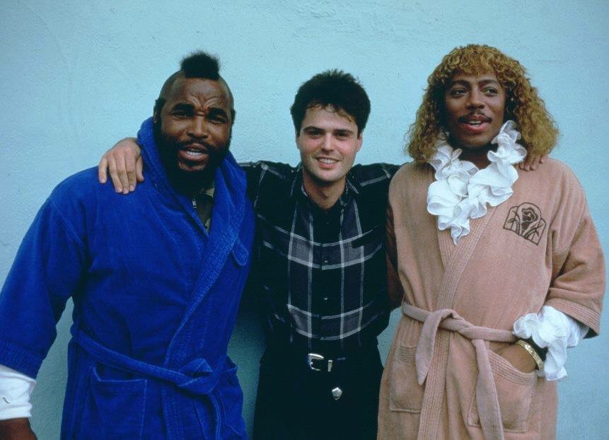 Picture taken moments after Mister T woke up after a night of drinking and asked Rick James "What the f*ck is Donny Osmond doing here making pancakes?", 1982.