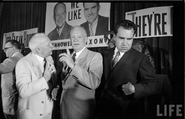 Eisenhower and Nixon during the presidential campaign. Eisenhower asks "Do you smell that? Someone farted?" and Nixon runs away cause it was him.